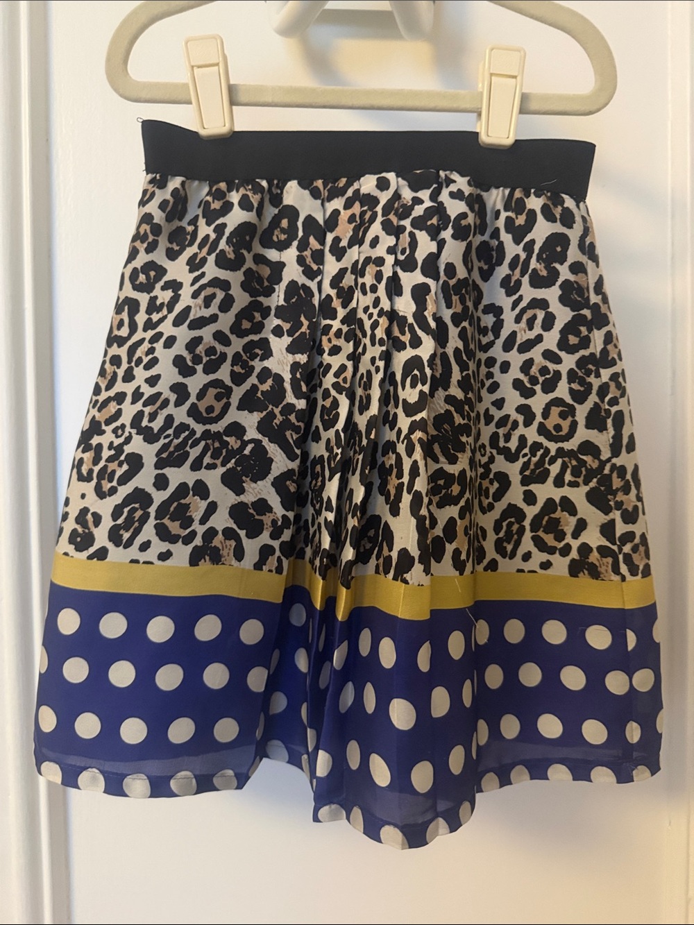 Leopard Print and Polka Dot A-Line Skirt in Cream, Black and Blue